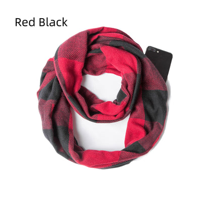 Thickened Pullover Plaid Zipper Pocket Scarf
