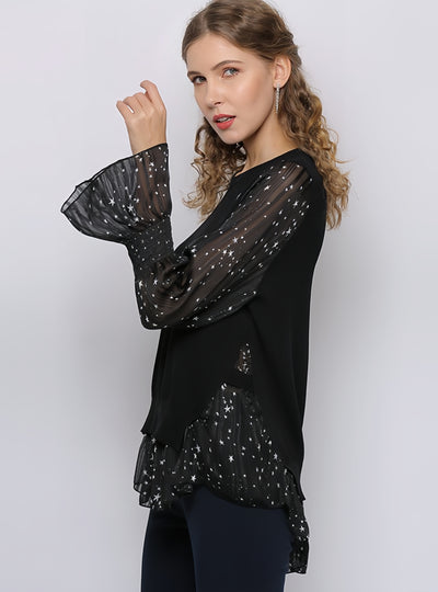 Star Printed Trumpet Sleeve Round Neck Shirt