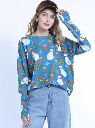Christmas Snowman Printed Long-sleeved Loose Sweater