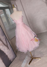 Pink Tulle See Through Neck Short Prom Dress