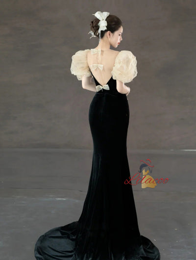 Black Mermaid Velvet Puffy Sleeve Prom Dress