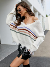 Loose Short V-neck Fringed Sweater