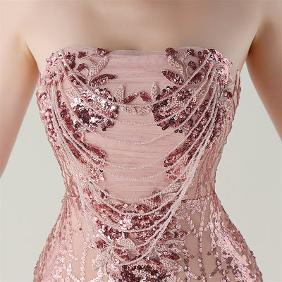 Mermaid Tulle Sequins Strapless Beading Prom Dress