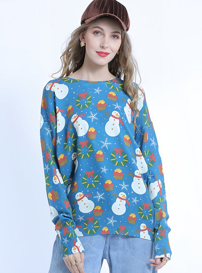Christmas Snowman Printed Long-sleeved Loose Sweater