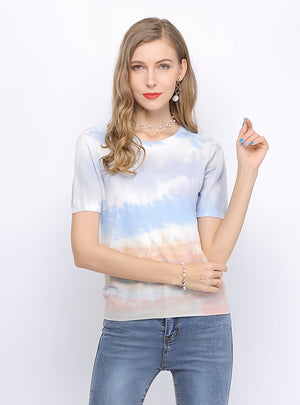 Tie-dyed Short-sleeved Loose Round Neck Sweater