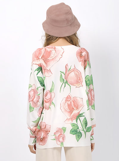 Long Sleeve Rose Print Knitted Sweater
