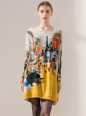 Loose Bat Sleeve Printed Sweater