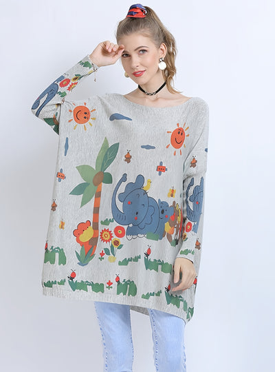 Loose Elephant Print Pullover Sweater