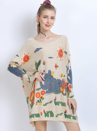 Loose Elephant Print Pullover Sweater