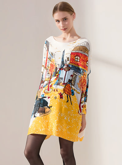 Loose Bat Sleeve Printed Sweater