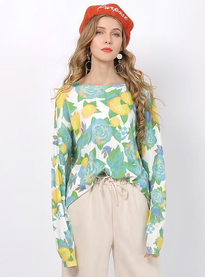 Rose Printed Round Neck Loose Sweater