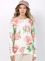 Long Sleeve Rose Print Knitted Sweater
