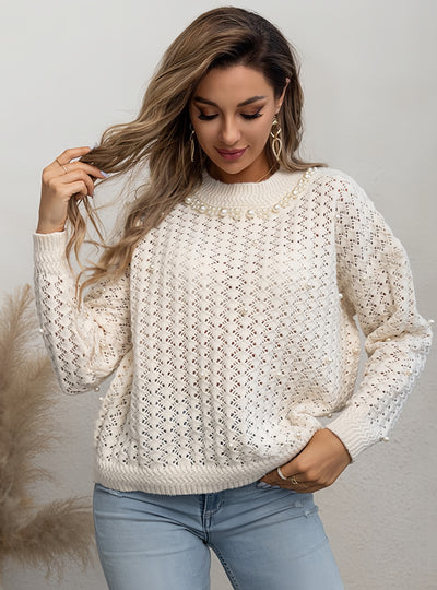 Retro Beaded Round Neck Long Sleeve Sweater