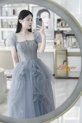 Blue Tulle Sequins Puff Sleeve Beading Prom Dress