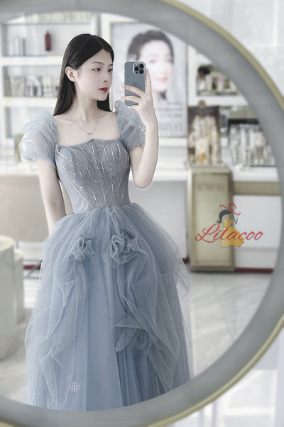 Blue Tulle Sequins Puff Sleeve Beading Prom Dress