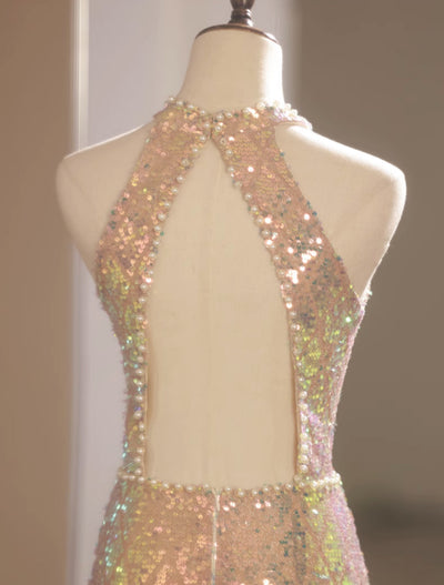 Gold Sequins Beading Backless Prom Dress