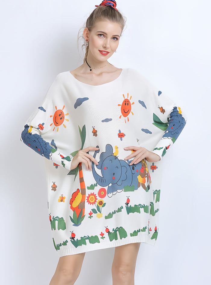 Loose Elephant Print Pullover Sweater