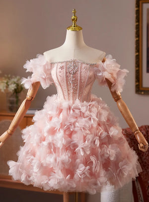 Pink Tulle 3D Flower Crystal Homecoming Dress