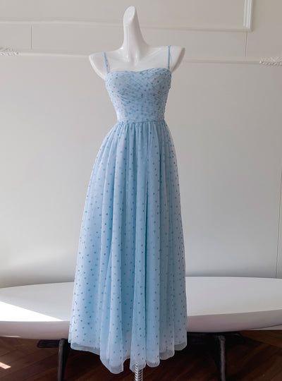 Blue Tulle Pleats Straps Prom Dress