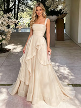Champagne Tulle Straps Pleats Prom Dress
