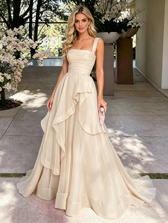 Champagne Tulle Straps Pleats Prom Dress