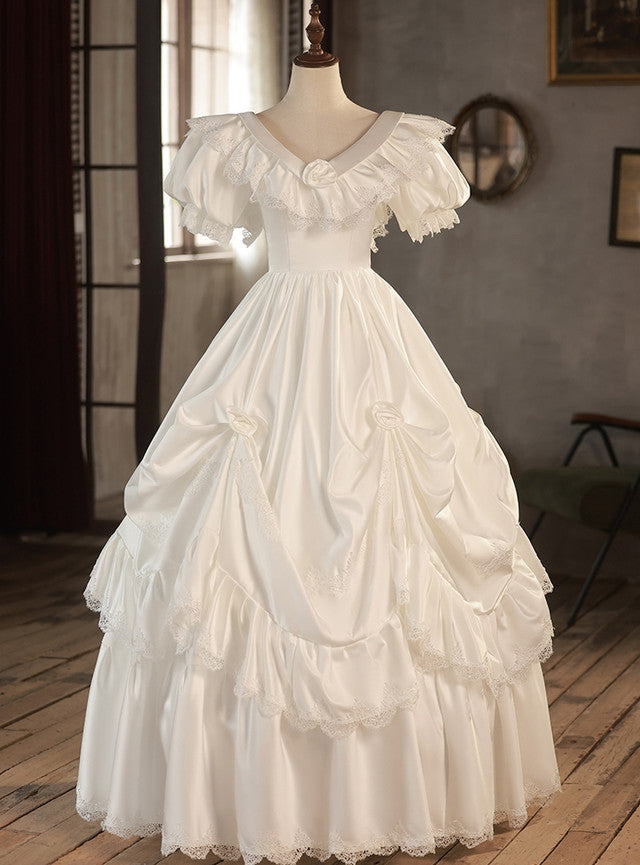 Vintage White Satin Lace Short Sleeve Wedding Dress