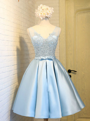 Light Blue Satin Lace V-neck Homecoming Dress