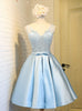 Light Blue Satin Lace V-neck Homecoming Dress