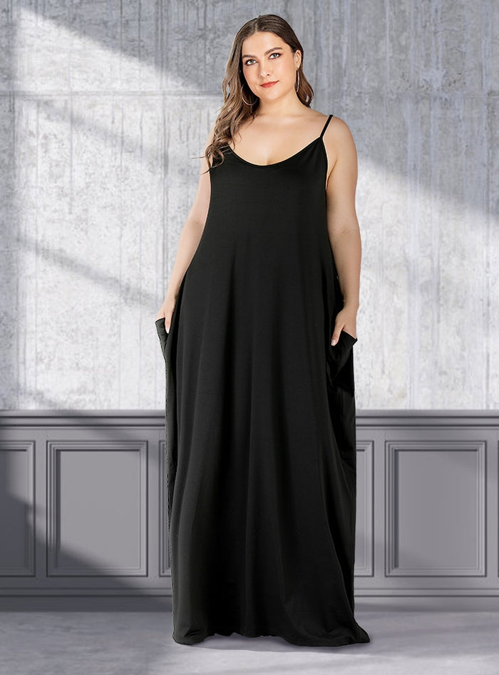 Solid Color Loose Pocket Sling Dress
