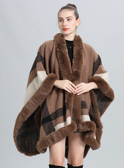 Plaid Fur Collar Shawl Cloak Shawl