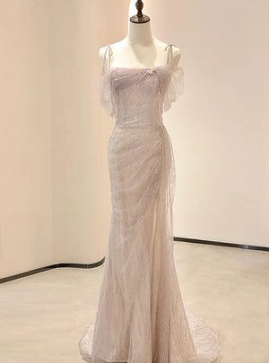 Pink Sequins Straps Beading Prom Dress