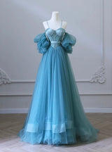 Blue Tulle Spaghetti Straps Prom Dress