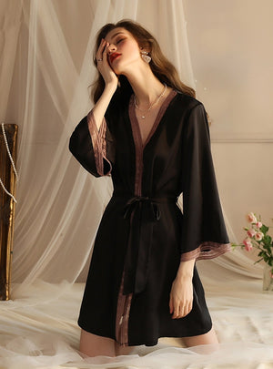 Ice Silk Long Sleeve Silk Lace Nightgown