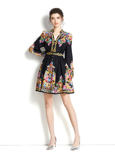 V-neck Lantern Sleeve Printed Short Dress
