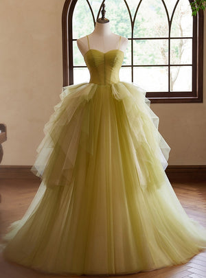 Green Tulle Straps Pleats Prom Dress