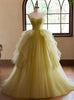 Green Tulle Straps Pleats Prom Dress