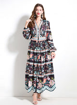 Retro Printed V-neck Button Dress