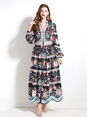 Retro Printed V-neck Button Dress
