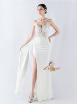 Mermaid Spaghetti Straps Lace Appliques Split Prom Dress