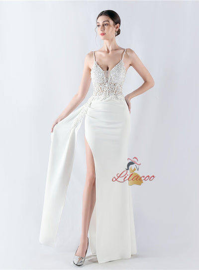 Mermaid Spaghetti Straps Lace Appliques Split Prom Dress