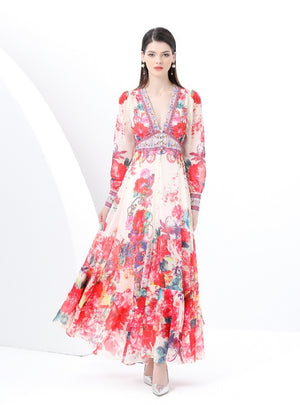 V-neck Slim Long Sleeve Printed Dress