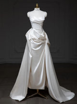 White Satin Straps Pleats Wedding Dress
