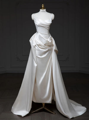 White Satin Straps Pleats Wedding Dress
