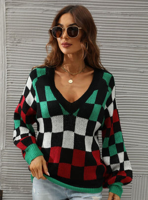 V-neck Check Contrast Pullover Sweater