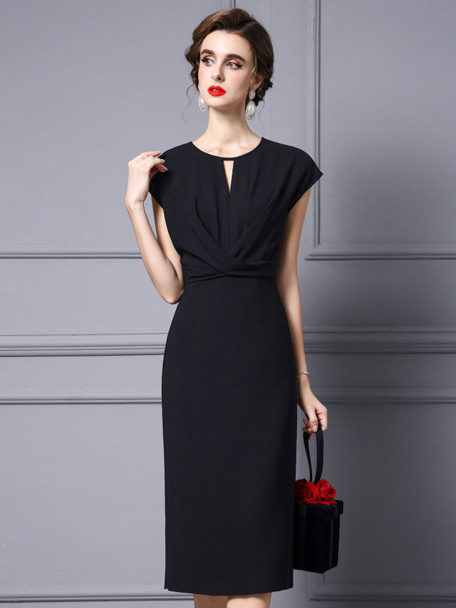 Black Scoop Neck Pleats Mother Of The Bride Dress