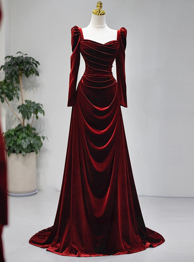 Burgundy Velvet Long Sleeve Pleats Prom Dress