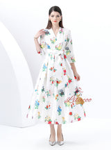 V-neck Long Sleeve Long Retro Print Dress