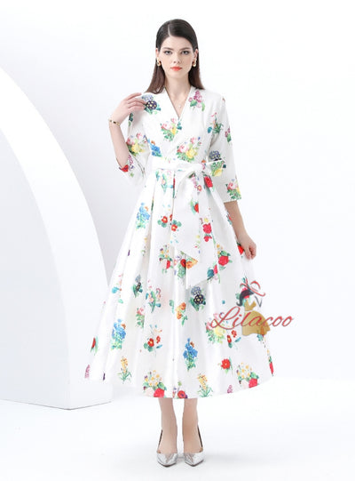 V-neck Long Sleeve Long Retro Print Dress