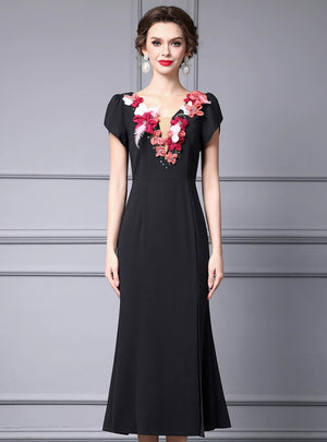 Black Cap Sleeve 3D Flower Mother of the Bride Dress