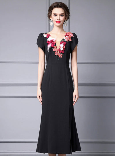 Black Cap Sleeve 3D Flower Mother of the Bride Dress